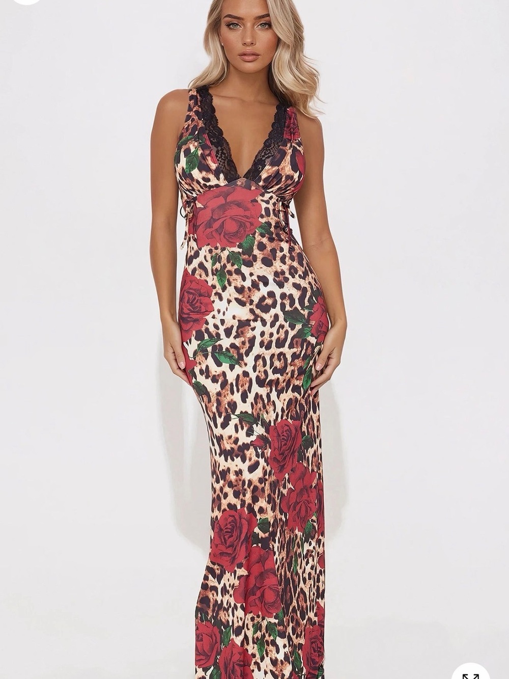 Red Rose Leopard Print Maxi Dress with Lace Trim
